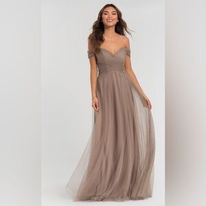 Kleinfeld Bridesmaid Off-The Shoulder Tulle Toffee Dress